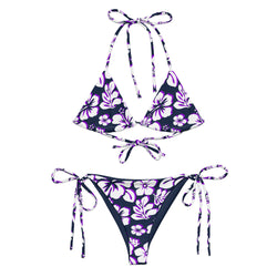 White, Purple and Navy Blue Hawaiian Flowers String Bikini - Extremely Stoked