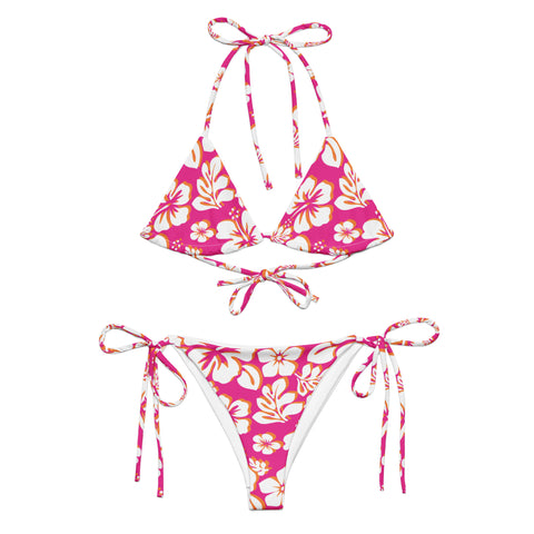 White, Orange and Hot Pink Hawaiian Flowers String Bikini - Extremely Stoked