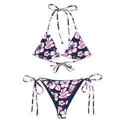 White, Hot Pink and Navy Blue Hawaiian Flowers String Bikini - Extremely Stoked