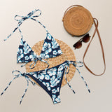 White, Aqua Blue and Navy Blue Hawaiian Flowers String Bikini - Extremely Stoked