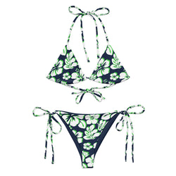 White, Lime Green and Navy Blue Hawaiian Flowers String Bikini - Extremely Stoked