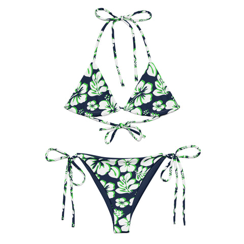White, Lime Green and Navy Blue Hawaiian Flowers String Bikini - Extremely Stoked