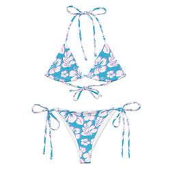 White, Aqua Blue and Pink Hawaiian Flowers String Bikini - Extremely Stoked