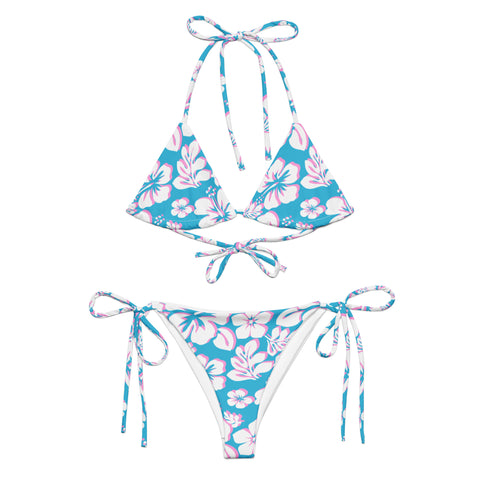 White, Aqua Blue and Pink Hawaiian Flowers String Bikini - Extremely Stoked