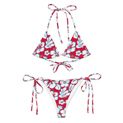 White, Aqua Blue and Red Hawaiian Flowers String Bikini – Eco Swimwear by Extremely Stoked®