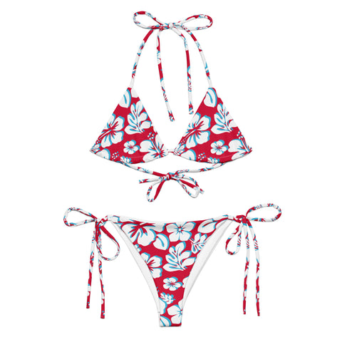 White, Aqua Blue and Red Hawaiian Flowers String Bikini – Eco Swimwear by Extremely Stoked®
