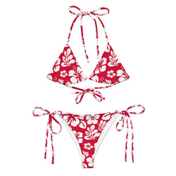 White Hawaiian Flowers on Red String Bikini – Eco Swimwear by Extremely Stoked®