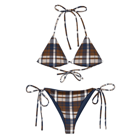 Navy Blue and Brown Preppy Surfer Girl Plaid String Bikini – Eco Swimwear by Extremely Stoked®