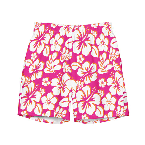 White and Orange Hawaiian Flowers on Hot Pink Men's Swimsuit - Extremely Stoked
