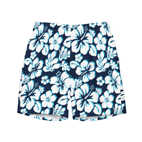 Navy Blue, Aqua Blue and White Hawaiian Flowers Men's Swimsuits - Extremely Stoked