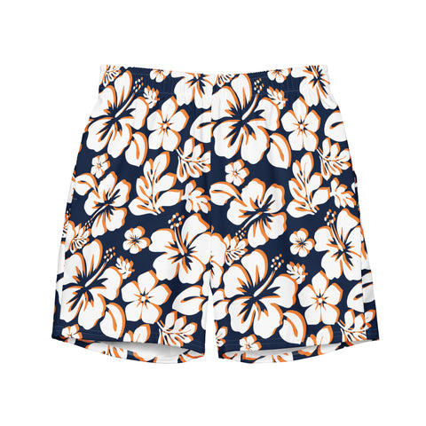 Navy Blue, Orange and White Hawaiian Flowers Men's Swimsuit - Extremely Stoked