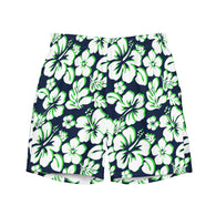 Navy Blue, Lime Green and White Hawaiian Flowers Men's Swimsuit