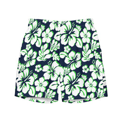 Navy Blue, Lime Green and White Hawaiian Flowers Men's Swimsuit - Extremely Stoked