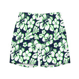 Navy Blue, Lime Green and White Hawaiian Flowers Men's Swimsuit - Extremely Stoked