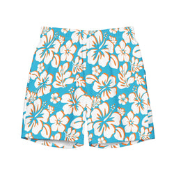 Aqua Blue, Orange and White Hawaiian Flowers Men's Swimsuit - Extremely Stoked