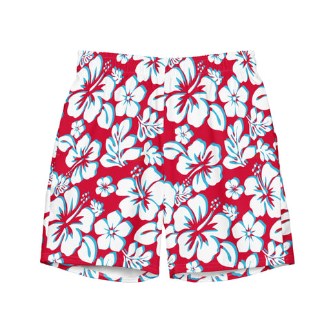 Red, White and Aqua Blue Hawaiian Flowers Men’s Swimsuit – Eco Swimwear by Extremely Stoked®