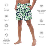 Navy Blue, Lime Green and White Hawaiian Flowers Men's Swimsuit - Extremely Stoked