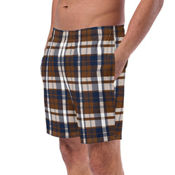 Navy Blue and Brown Preppy Surfer Plaid Men’s Swimsuit – Eco Swimwear by Extremely Stoked®