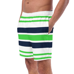Lime Green, White and Navy Blue Beach Stripes Men’s Swimsuit – Eco Swimwear by Extremely Stoked®