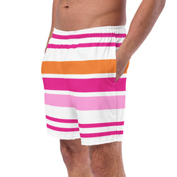 Orange, Pink and Hot Pink Beach Stripes Men’s Swimsuit – Eco Swimwear by Extremely Stoked®