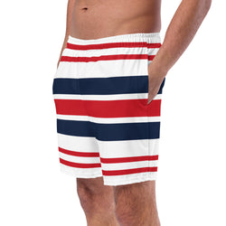 Red, White and Navy Blue Beach Stripes Men’s Swimsuit – Eco Swimwear by Extremely Stoked®