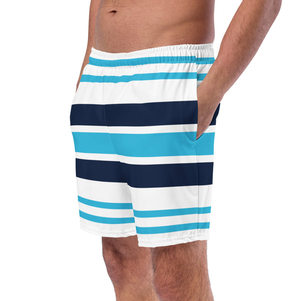 Aqua Blue, White and Navy Blue Beach Stripes Men’s Swimsuit – Eco Swimwear by Extremely Stoked®