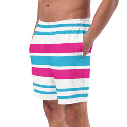 Aqua Blue, White and Hot Pink Beach Stripes Men’s Swimsuit – Eco Swimwear by Extremely Stoked®