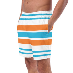 Aqua Blue, White and Orange Beach Stripes Men’s Swimsuit – Eco Swimwear by Extremely Stoked®