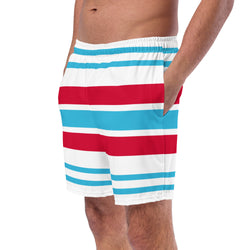 Aqua Blue, White and Red Beach Stripes Men’s Swimsuit – Eco Swimwear by Extremely Stoked®