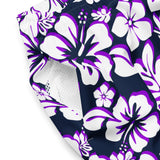 White and Purple Hawaiian Flowers on Navy Blue Men's Swimsuit - Extremely Stoked