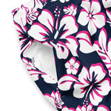 White and Hot Pink Hawaiian Flowers on Navy Blue Men's Swim Suit - Extremely Stoked