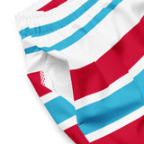 Aqua Blue, White and Red Beach Stripes Men’s Swimsuit – Eco Swimwear by Extremely Stoked®