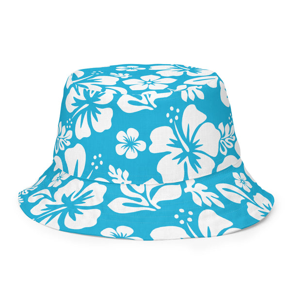 Aqua and White Hawaiian Flowers Reversible Bucket Hat - Extremely Stoked