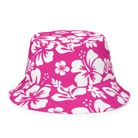 Hot Pink and White Hawaiian Flowers Reversible Bucket Hat - Extremely Stoked
