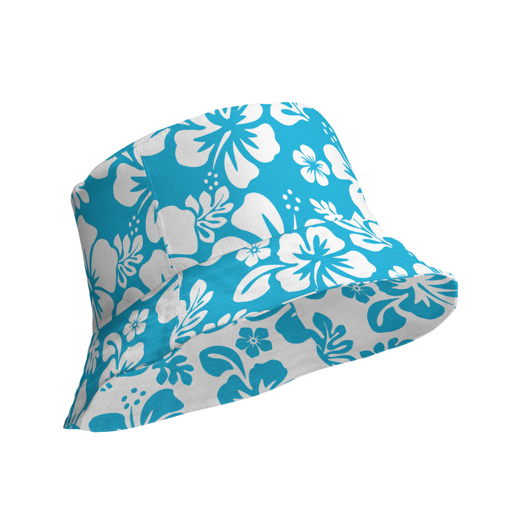 Aqua and White Hawaiian Flowers Reversible Bucket Hat