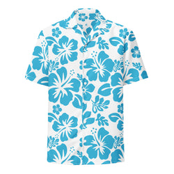 Aqua Blue and White Hawaiian Print Aloha Shirt