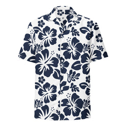 Navy Blue and White Hawaiian Print Aloha Shirt