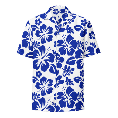 Royal Blue and White Hawaiian Print Aloha Shirt - Extremely Stoked