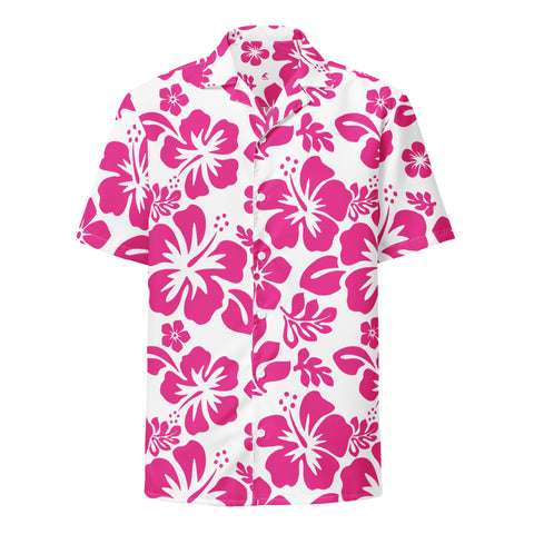 Hot Pink and White Hawaiian Print Aloha Shirt - Extremely Stoked