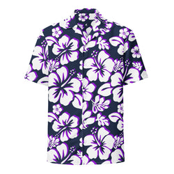 Navy Blue, White and Purple Hawaiian Aloha Shirt