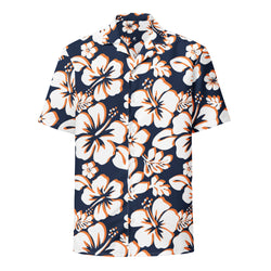 Navy Blue, White and Orange Hawaiian Aloha Shirt
