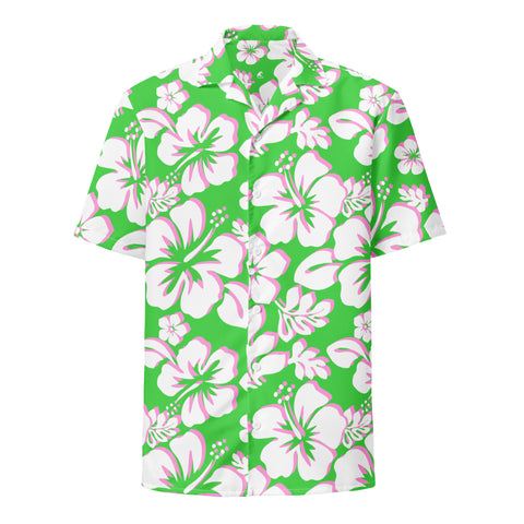 Lime Green, White and Pink Hawaiian Aloha Shirt - Extremely Stoked