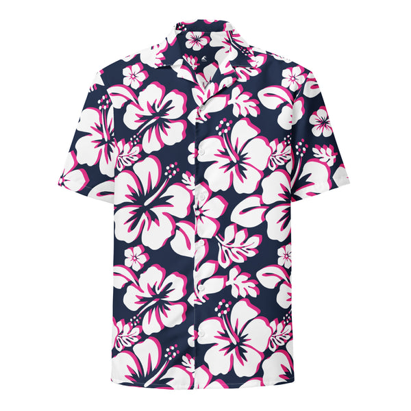 Navy Blue, Hot Pink and White Hawaiian Aloha Shirt