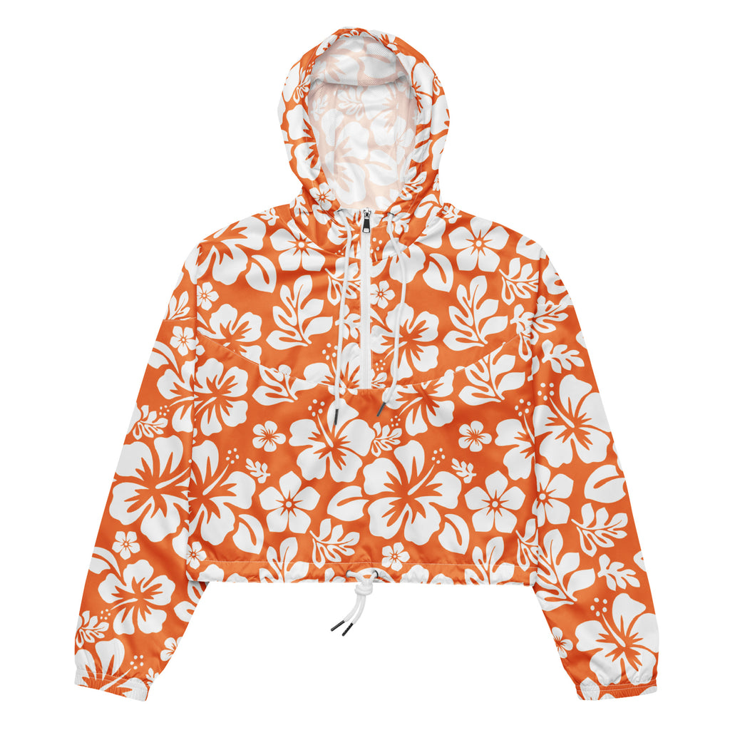 攻めろ大雪 花柄フード付きジャケット X-Small Extremely Stoked® Women's Orange Hawaiian Flowers Cropped Windbreaker