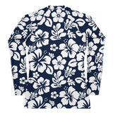 Navy Blue and White Hawaiian Flowers Women's Rash Guard - Extremely Stoked