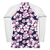 White, Hot Pink and Navy Hawaiian Print Women's Rash Guard with White Sleeves - Extremely Stoked