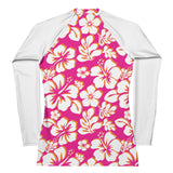 Orange, Hot Pink and White Hawaiian Print Women's Rash Guard with White Sleeves - Extremely Stoked