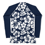 Navy Blue and White Hawaiian Print Women's Rash Guard with Navy Blue Sleeves - Extremely Stoked