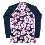 Navy Blue, Hot Pink and White Hawaiian Print Women's Rash Guard with Navy Blue Sleeves - Extremely Stoked