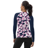 Navy Blue, Hot Pink and White Hawaiian Print Women's Rash Guard with Navy Blue Sleeves - Extremely Stoked